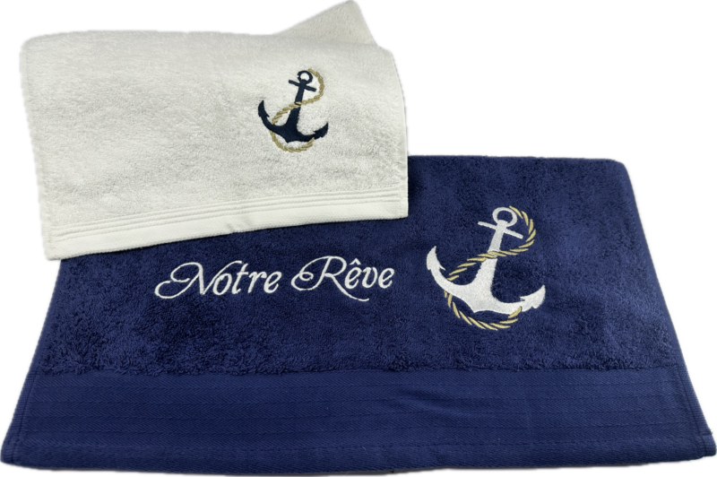 Boot handdoek set 1x gastendoek wit 1xbadhanddoek blauw anker naam-bootnaam